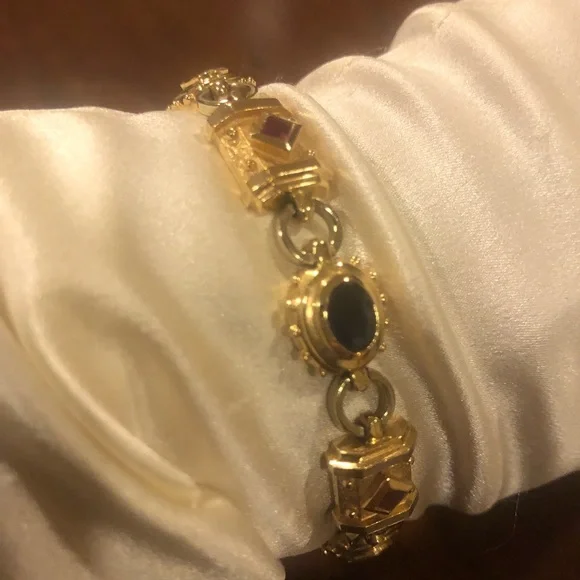 🌷Etruscan Revival Statement Bracelet Multi Colored Gemstones 14K Gold - Picture 6 of 16